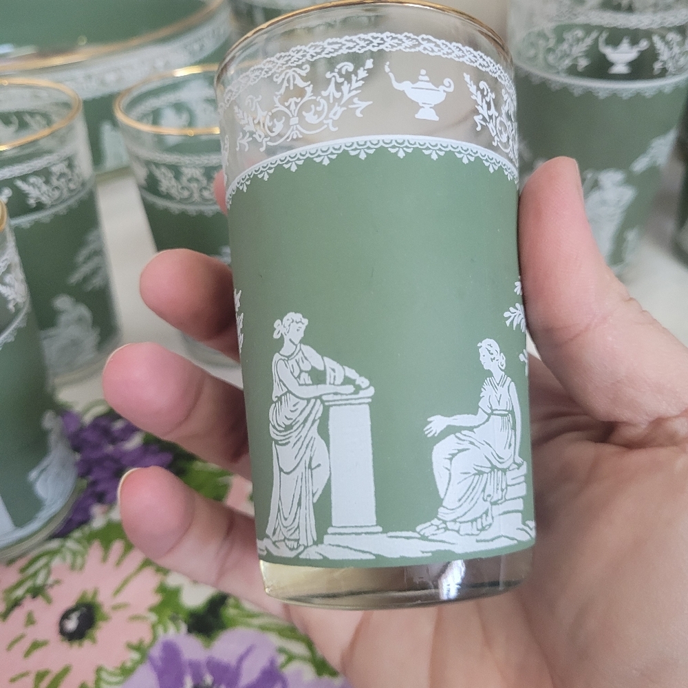Vintage Jeannette Glasses Set Of 4 Hellenic Green Jasperware Gold Rim - Picture 5 of 12